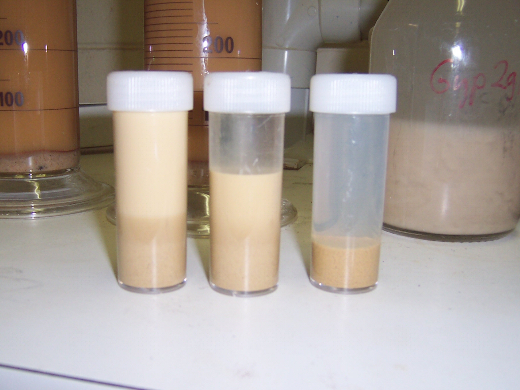 Three different clay samples showing dispersion