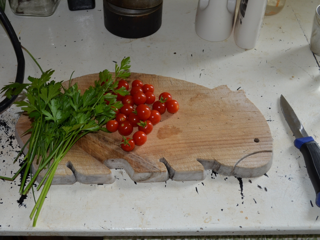 cherry tomato harvest on a wombat board
