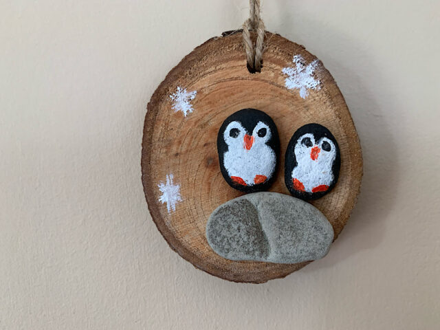 hand painted penguin wood round